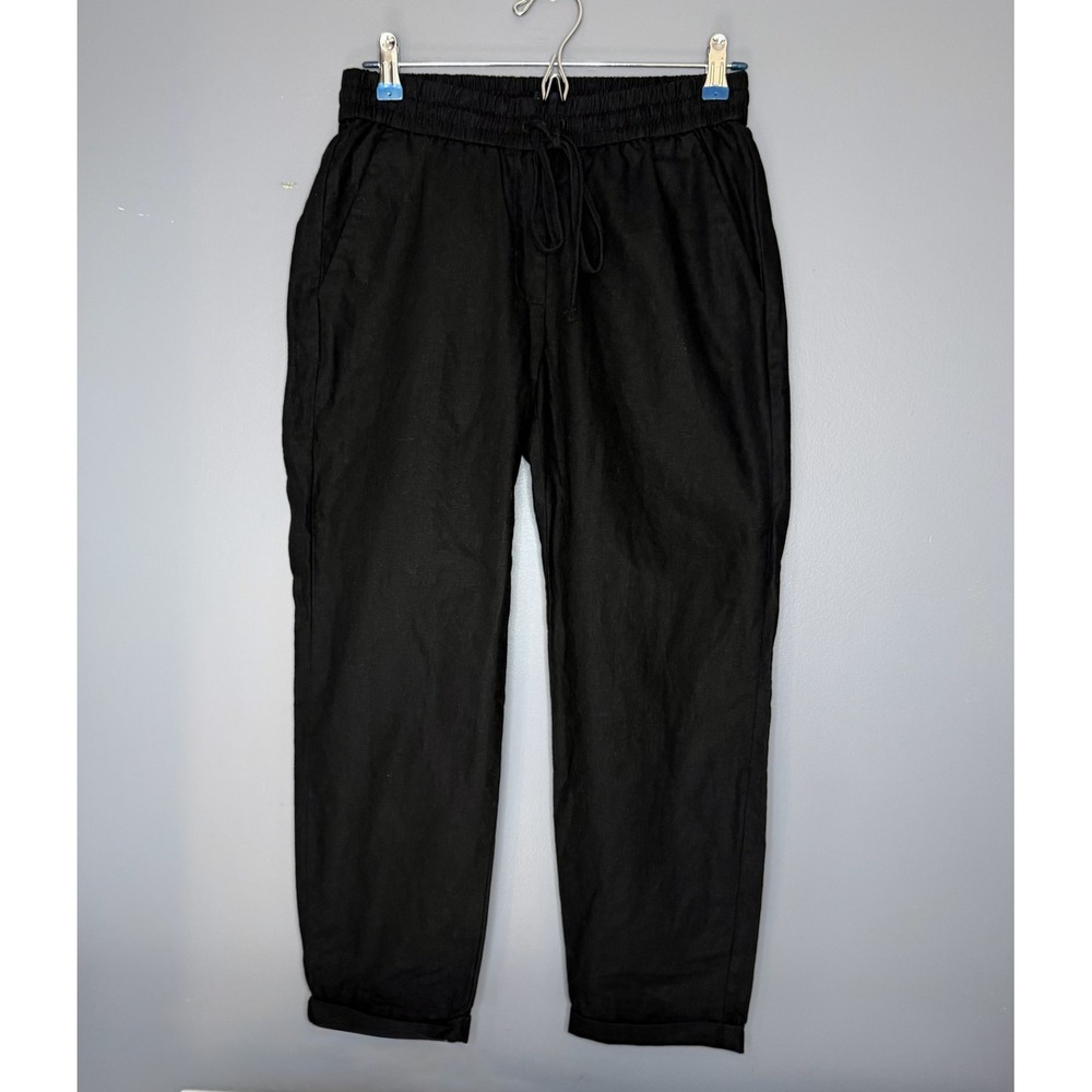 J Crew Pants Women 4 Black Linen Cotton Cuffed Drawstring Pull On Casual Cropped